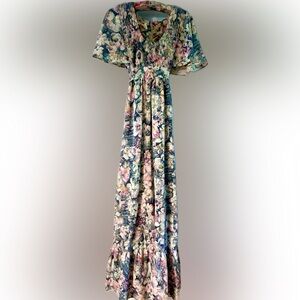 vintage 70’s sassy lassy boho maxi dress 9 floral cap sleeves ruffles smocked